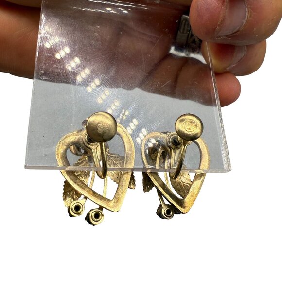 VTG Clear Rhinestone Rose Floral Leaf Screw Back Earrings Romantic Gold Tone - Picture 2 of 4